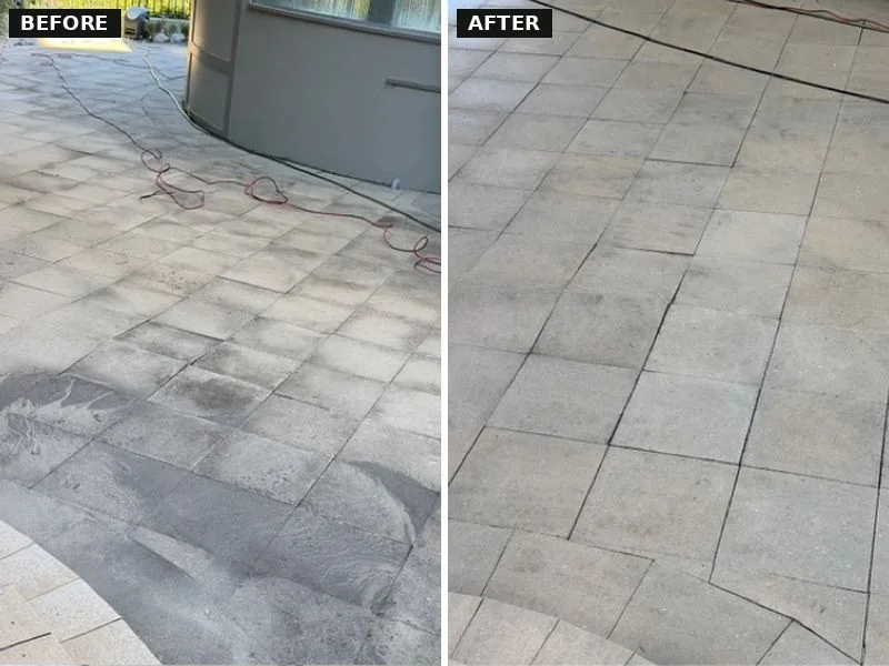 Paved driveway pressure washing before and after, Hills District
